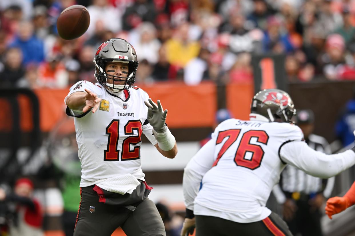 Nov 27, 2022; Cleveland, Ohio, USA; Tampa Bay Buccaneers quarterback Tom Brady (12) throws a pass during the first half against the Cleveland Browns at FirstEnergy Stadium. Mandatory Credit: Ken Blaze-USA TODAY Sports