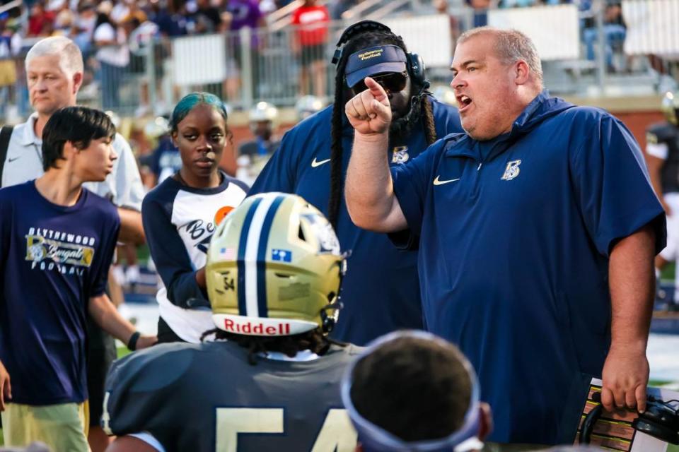 Blythewood Bengals head coach James Martin directs his team against the Ridge View Blazers during their game at Blythewood High School in Blythewood, SC, Friday, Aug. 18, 2023.