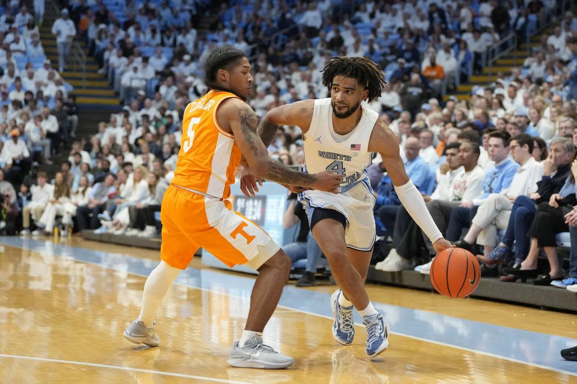 Veteran North Carolina guard RJ Davis (4) has averaged 28.5 points in two games vs. SEC foes, Arkansas and Tennessee, in 2023-24. Davis and the Tar Heels will take on a third Southeastern Conference team when UNC plays Kentucky in the CBS Sports Classic Saturday, Dec. 16, in Atlanta.