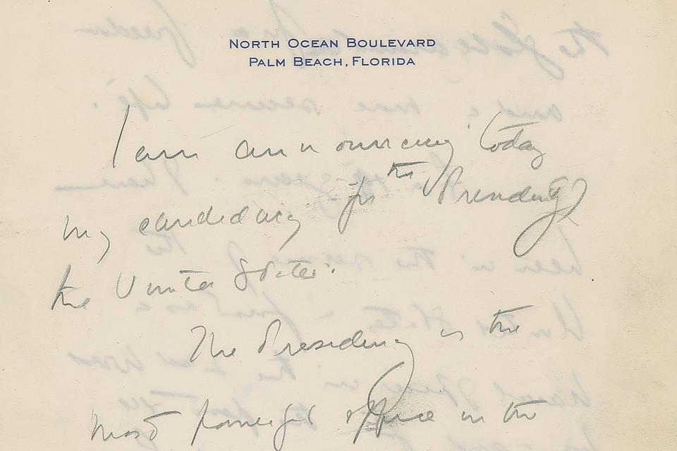 This December 2019, image released by RR Auction shows the top of the first page of a handwritten draft of the 1960 speech by John F. Kennedy announcing his intention to run for president. The draft is among hundreds of items associated with the late president to be auctioned in January 2020, by the Boston-based auction firm. (Nikki Brickett/RR Auction via AP)