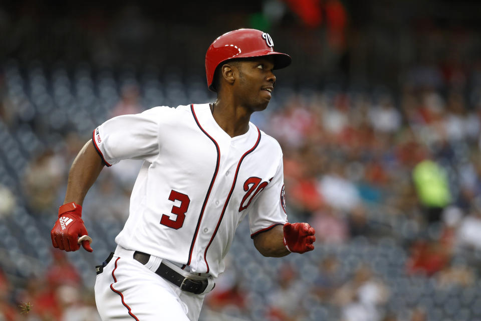 Washington Nationals' Michael A. Taylor watches his solo home run as he rounds the bases in the second inning of a baseball game against the Philadelphia Phillies, Thursday, Sept. 26, 2019, in Washington. (AP Photo/Patrick Semansky)