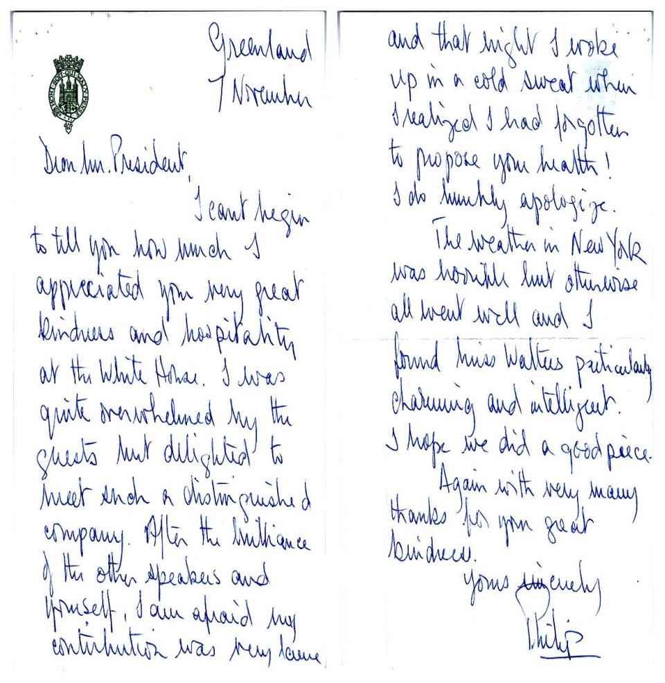 In this image provided by The Richard Nixon Library & Museum, shows two sides of a letter that Prince Philip wrote to President Richard Nixon.