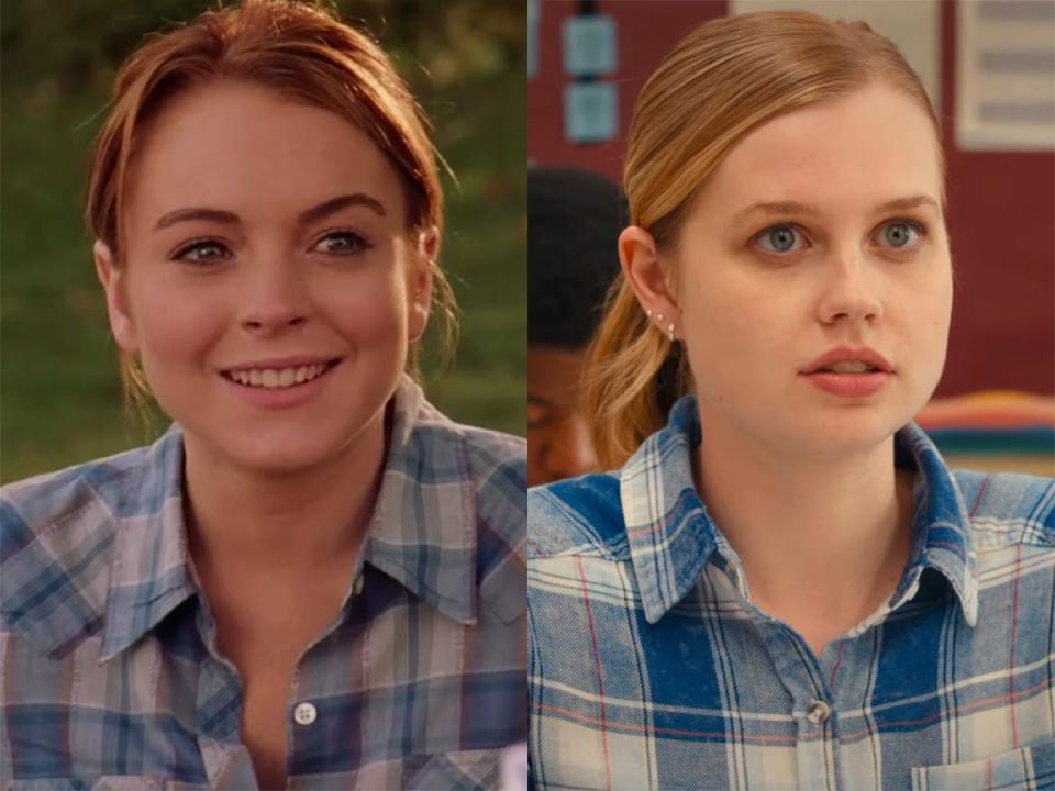 Left: Lindsay Lohan as Cady Heron in the 2004 version of "Mean Girls." Right: Angourie Rice as Cady Heron in the 2024 version of "Mean Girls."