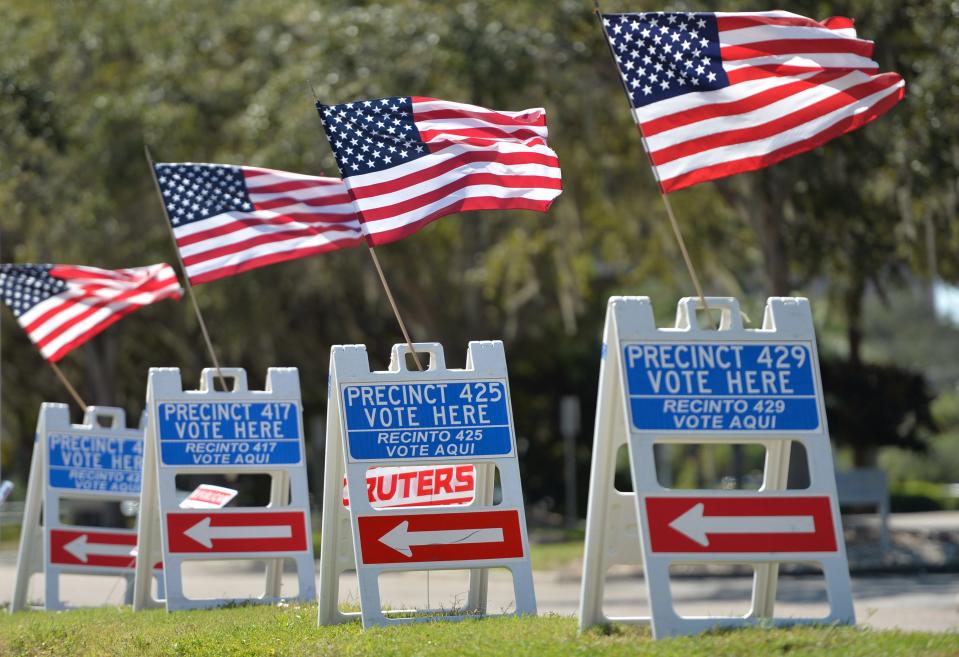 Signs direct voters to the combined Election Day polling precinct at Sarasota Square on Nov. 3, 2020. Columnist Carrie Seidman says it's vital for voters to be informed and "election ready" in 2024.