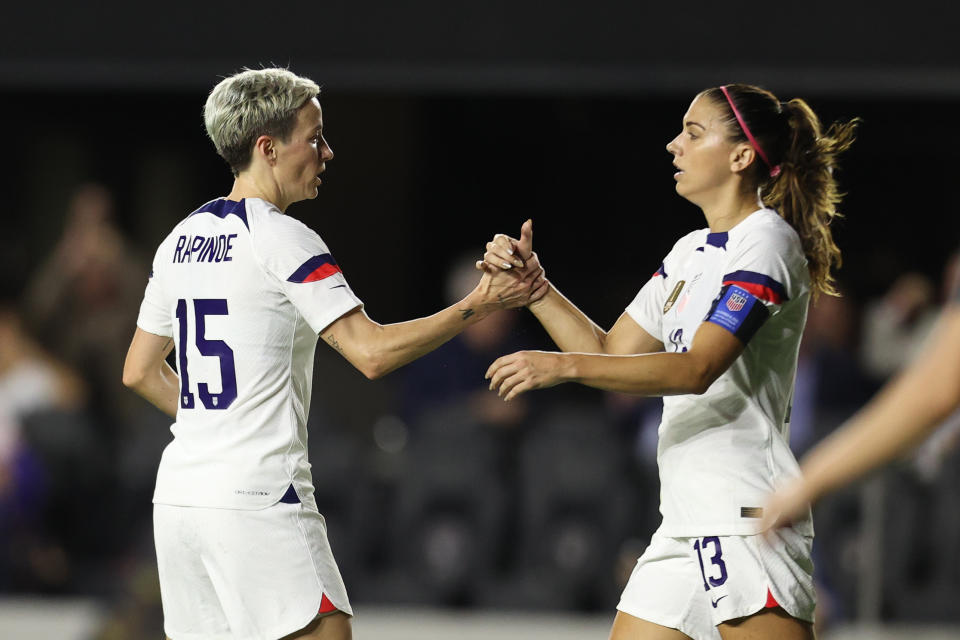 FORT LAUDERDALE, FL - NOVEMBER 10: Megan Rapinoe #15 of United States celebrates with her teammate Alex Morgan #13 after scores first goal during the women's international friendly match between United States and Germany at DRV PNK Stadium on November 10, 2022 in Fort Lauderdale, Florida. (Photo by Omar Vega/Getty Images)
