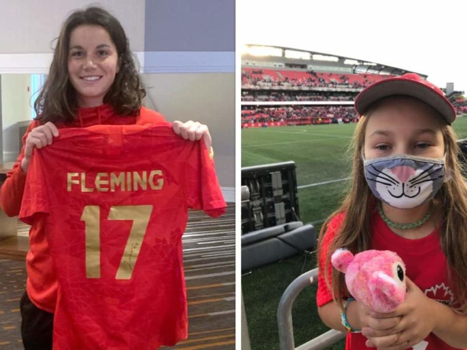 Jessie Fleming gave one of her Women’s National Team Celebration Tour jerseys to Logan Wallis, 9, who was wearing a replica jersey at the Ottawa match against New Zealand. (Submitted by Canada Soccer and Nigel Wallis - image credit)