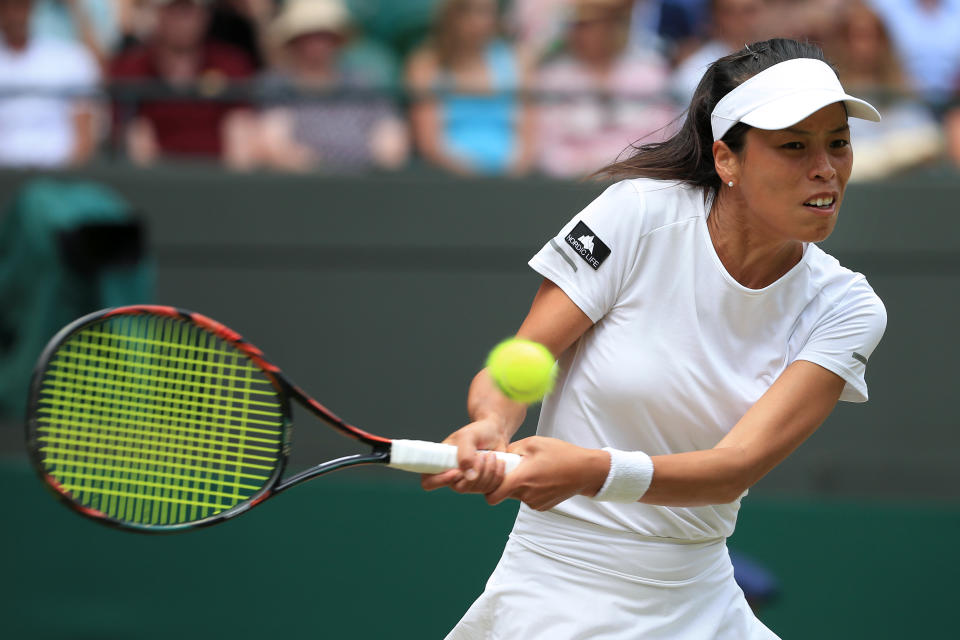 LONDON, ENGLAND - JULY 05: Su-Wei Hsieh (TPE) in action against Karolina Pliskova (CZE) during their Ladies' Singles 3rd Round match on Day 5 of The Championships - Wimbledon 2019 at the All England Lawn Tennis and Croquet Club on July 5, 2019 in London, England. (Photo by Simon Stacpoole/Offside/Getty Images)