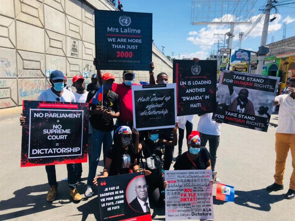 Student protesters at an anti-government march in Port-au-Prince on Sunday, February 28, 2021 respond to the head of the United Nations office in Haiti, Helen La Lime, who told the U.N. Security Council that 3,000 Haitians had peacefully demonstrated on February 14, 2021.