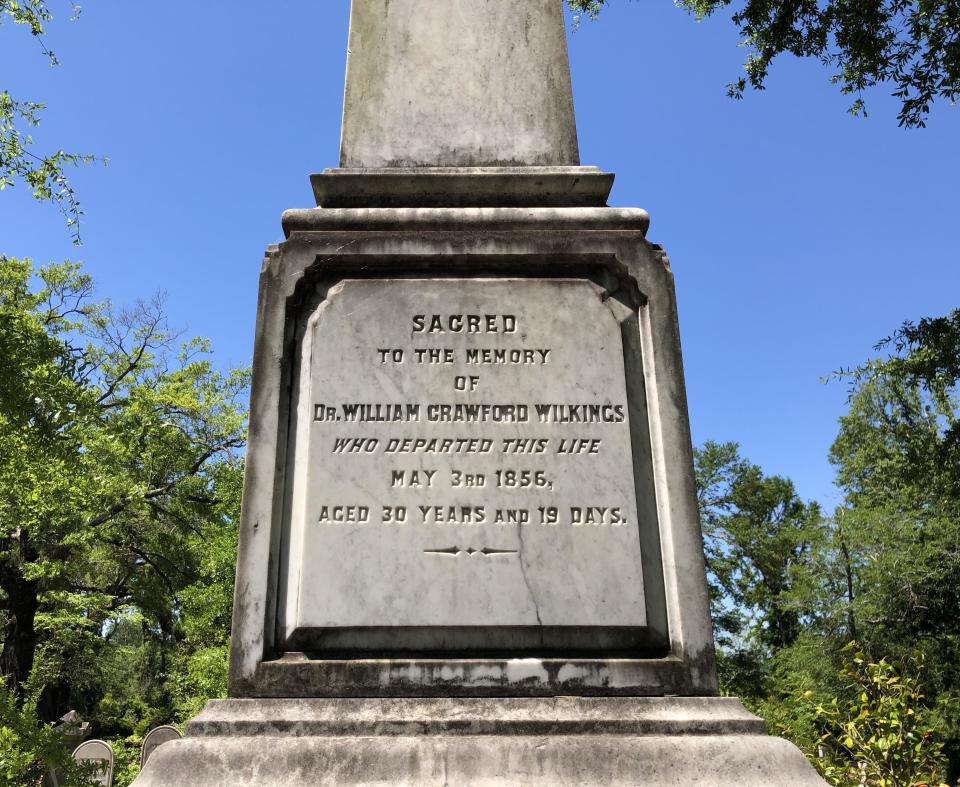 The inscription on the grave of William Wilkings in Oakdale Cemetery in Wilmington. Wilkings died in a duel in 1856.