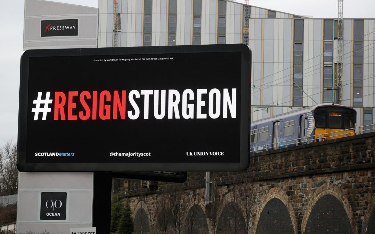 A digital billboard near the Clydeside Expressway in Glasgow showing the words #ResignSturgeon, during the launch of the #ResignSturgeon campaign, run by the The Majority, with the support of Scotland Matters - PA