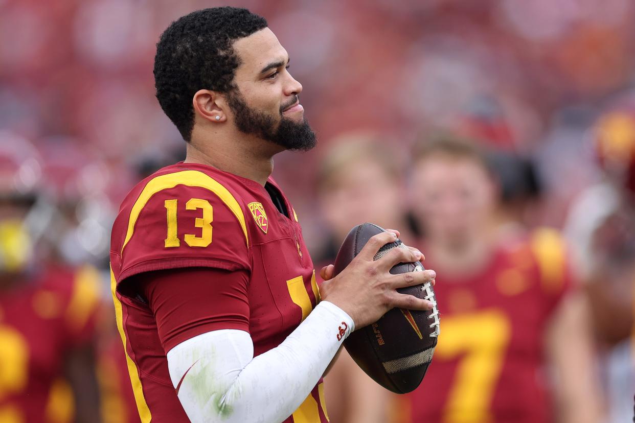 LOS ANGELES, CALIFORNIA - NOVEMBER 18: Caleb Williams #13 of the USC Trojans looks on during the first half of a game against the UCLA Bruins at United Airlines Field at the Los Angeles Memorial Coliseum on November 18, 2023 in Los Angeles, California. (Photo by Sean M. Haffey/Getty Images)