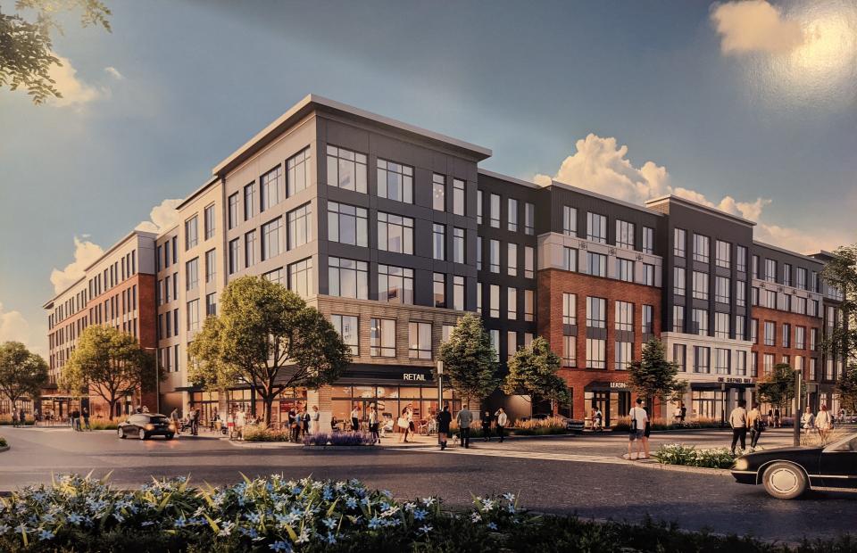 A rendering displayed at the March 16 Paramus Planning Board meeting shows one of two apartment buildings with ground-level retail that's being proposed on the east side of Bergen Town Center.