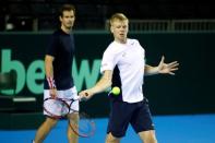 Britain Tennis - Great Britain v Argentina - Davis Cup Semi Final - Emirates Arena, Glasgow, Scotland - 15/9/16 Great Britain's Andy Murray and Kyle Edmund during practice Action Images via Reuters / Andrew Boyers Livepic