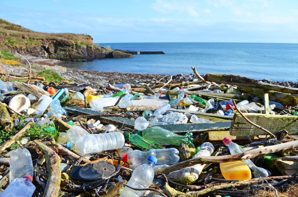 Plastic bottles and other rubbish regularly wash up on Britain’s beaches (Education Images/UIG via Getty Images)