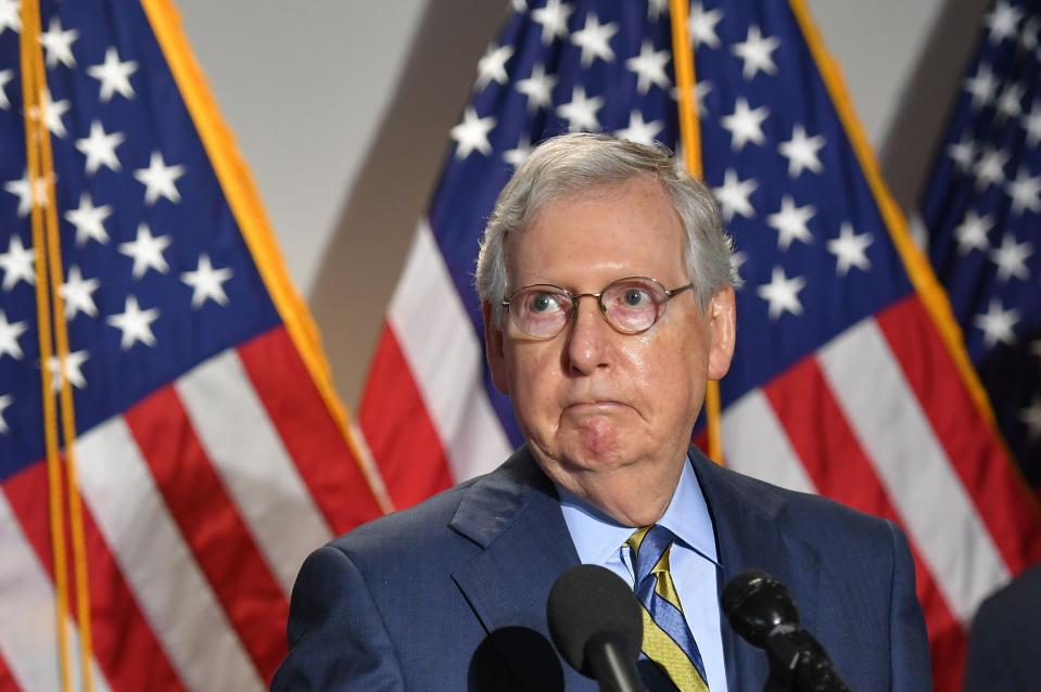 Senate Minority Leader Mitch McConnell, R-Ky., speaks to the media after a Republican policy luncheon at the Capitol in Washington, June 9, 2020.