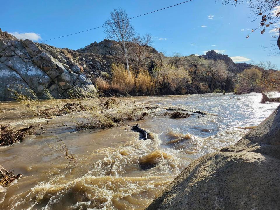 Water flows in the Mojave River. After more than a decade of drought, California saw a significant amount of rainfall last year, allowing the Mojave Water Agency to import a record amount of water.