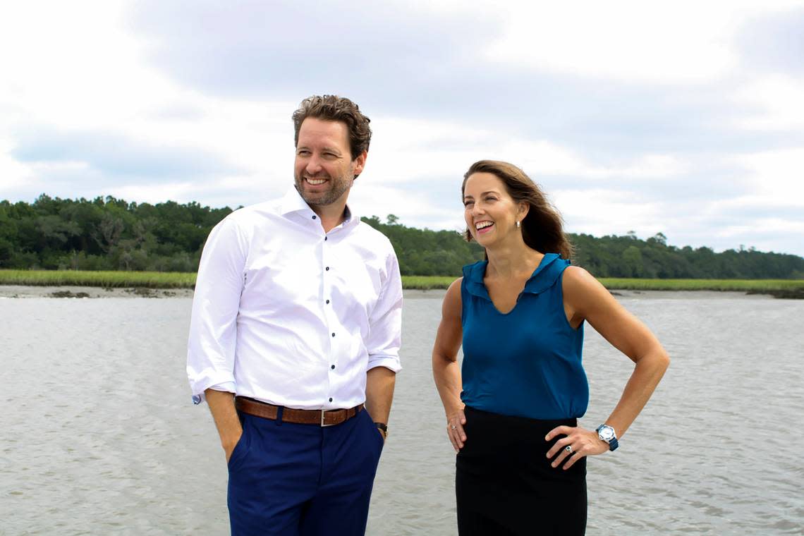 This photo provided by Tyler Jones shows Joe Cunningham, left, and Talley Parham Casey, right, a former fighter pilot-turned lawyer, his running mate in his quest to become South Carolina’s first Democratic governor in 20- years. Cunningham, who previewed his pick last week for The Associated Press ahead of a formal rollout later Monday, Aug. 1, 2022 said that Casey’s broad experience is the right match for the new generation of leadership he hopes to bring to South Carolina’s top office. Cunningham planned to formally announce his pick later Monday. (Tyler Jones via AP)