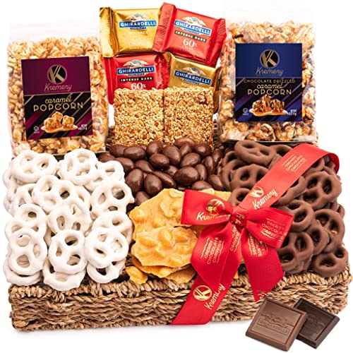 Milk Chocolate Covered Pretzels Sweet Treats Gift Basket in Reusable Seagrass Tray + Ribbon (Medium 2.5 LB) Caramel Popcorn Peanut Brittle Almonds Nuts, Birthday Care Package, Gourmet Food USA Made