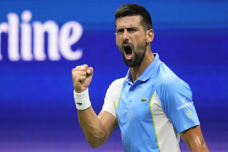 Novak Djokovic, of Serbia, reacts during a match against Ben Shelton, of the United States, during the men's singles semifinals of the U.S. Open tennis championships, Friday, Sept. 8, 2023, in New York. (AP Photo/Frank Franklin II)