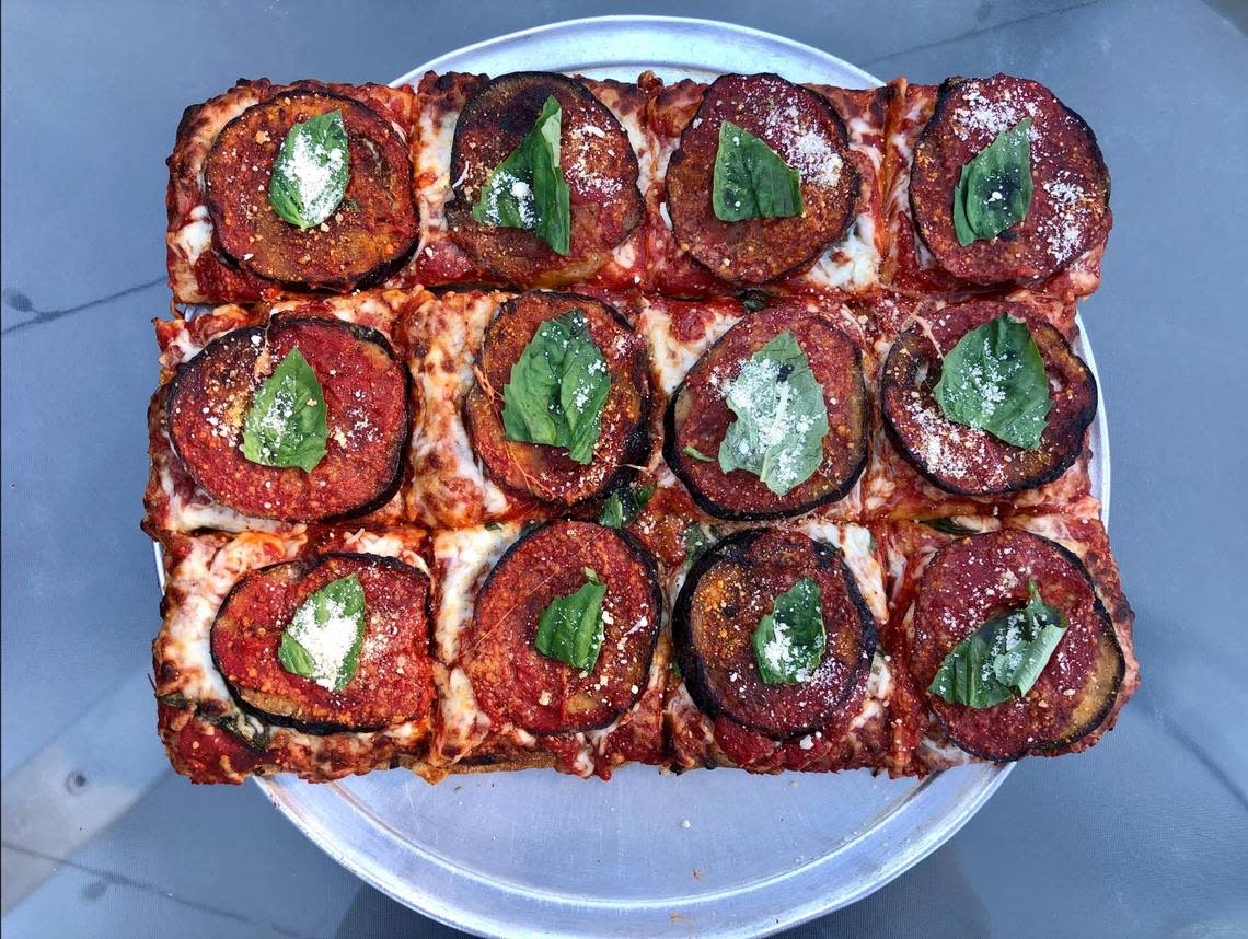 Giovanni’s Old World New York Pizzeria is one of the few places around Sacramento that makes Sicilian-style pizzas, such as this eggplant Parmigiana pie.