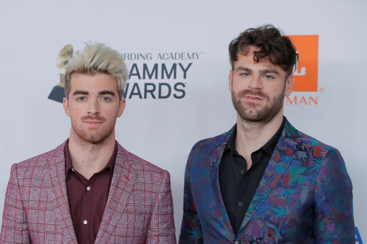 Andrew Taggart (L) and Alex Pall of the Chainsmokers attend the 2018 Pre-GRAMMY Gala & GRAMMY Salute to Industry Icons presented by Clive Davis and The Recording Academy honoring Shawn "JAY-Z" Carter in Manhattan, New York, U.S., January 27, 2018.  REUTERS/Andrew Kelly