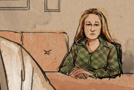 In this courtroom sketch, former Brooklyn Center police Officer Kim Potter makes her first court appearance, over Zoom, in the traffic-stop shooting death of Black motorist Daunte Wright, Thursday, April 15, 2021, in Brooklyn Center, Minn. (Cedric Hohnstadt via AP)