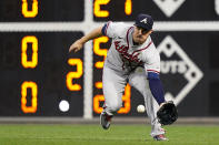 Atlanta Braves right fielder Adam Duvall fields a single by Philadelphia Phillies' Alec Bohm during the fourth inning of a baseball game, Tuesday, June 28, 2022, in Philadelphia. (AP Photo/Matt Slocum)