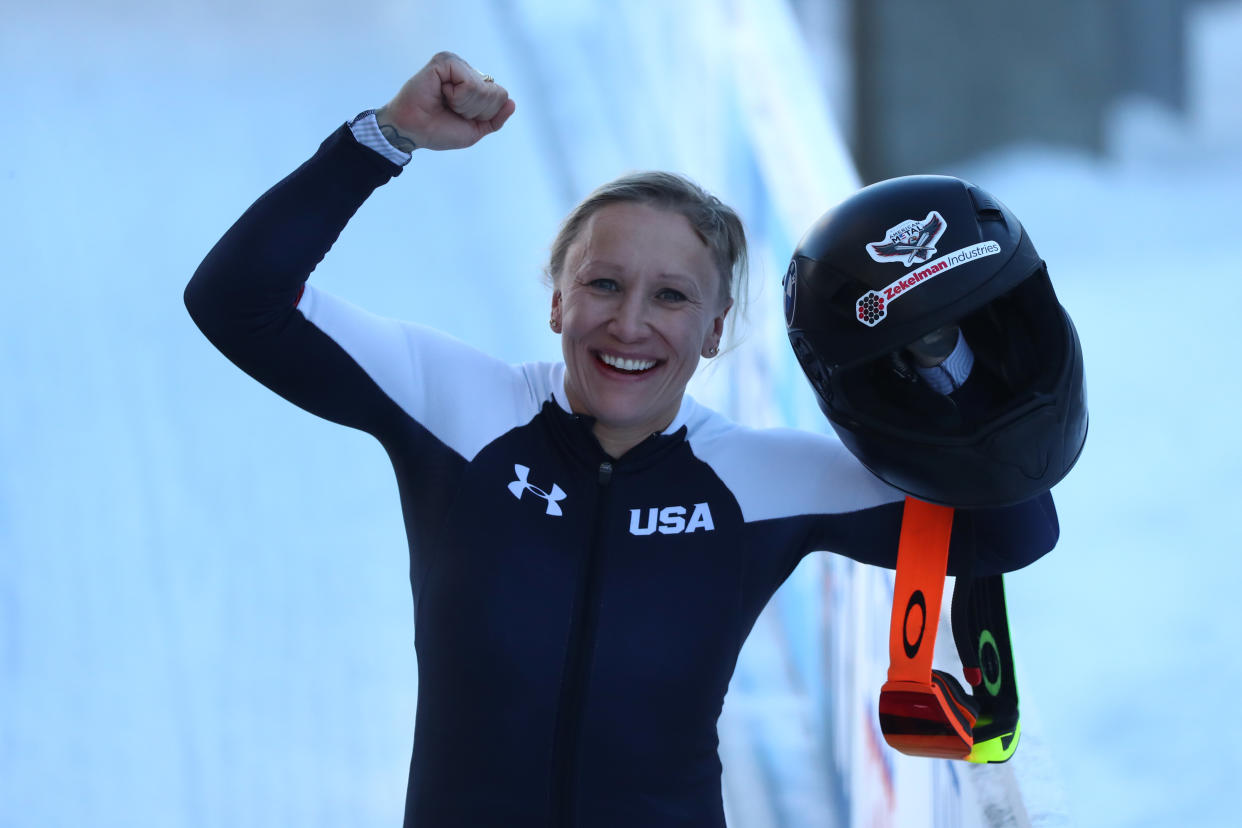 ALTENBERG, GERMANY - FEBRUARY 14: Kaillie Humphries of the United States celebrates winning the Women’s Monobob (Heat 4) at the IBSF World Championships 2021 Altenberg competition at Eiskanal Altenberg on February 14, 2021 in Altenberg, Germany. (Photo by Martin Rose/Getty Images)