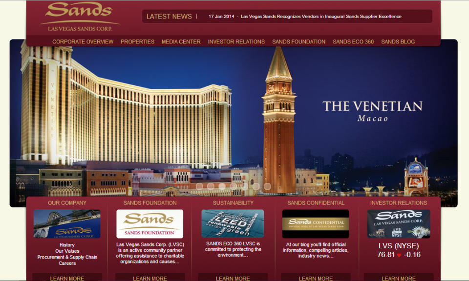This screen shot provided by the Las Vegas Review Journal shows the Sands web site that was hacked on Monday Feb. 10, 2014. A Nevada gambling regulator said Thursday that the hackers who knocked down all Las Vegas Sands websites for two days and counting did not steal any patron data, including credit card information. Nevada Gaming Control Board chairman A.G. Burnett said regulators' first priority after the world's largest casino operator was hacked Monday was to ensure the safety of player information and the integrity of the gambling systems. (AP Photo/Las Vegas Review-Journal)