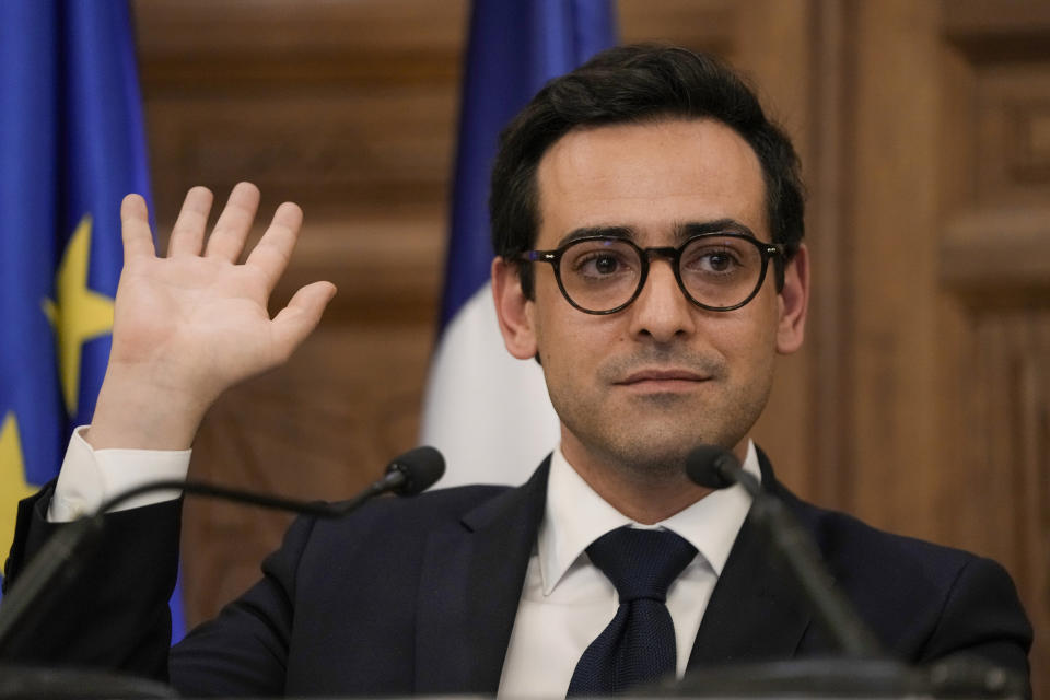 French Foreign Minister Stephane Sejourne gestures as he speaks during a press conference at the Pine Palace, which is the residence of the French ambassador, in Beirut, Lebanon, Sunday, April 28, 2024. (AP Photo/Hassan Ammar)