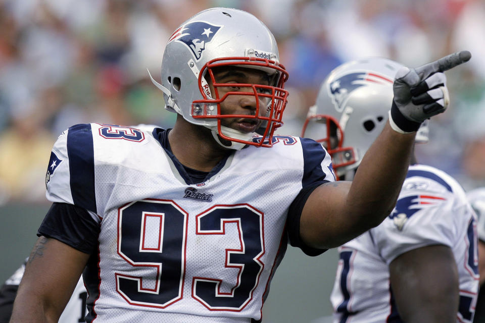 FILE - In this Sept. 14, 2008, file photo, New England Patriots' Richard Seymour reacts after sacking New York Jets quarterback Brett Favre during the second quarter in an NFL football game in East Rutherford, N.J. Seymour's winning start in New England is a good starting point for how the defensive lineman ended up in the Pro Football Hall of Fame. The Patriots won the Super Bowl in three of Seymour's first four seasons. (AP Photo/Julie Jacobson, File)