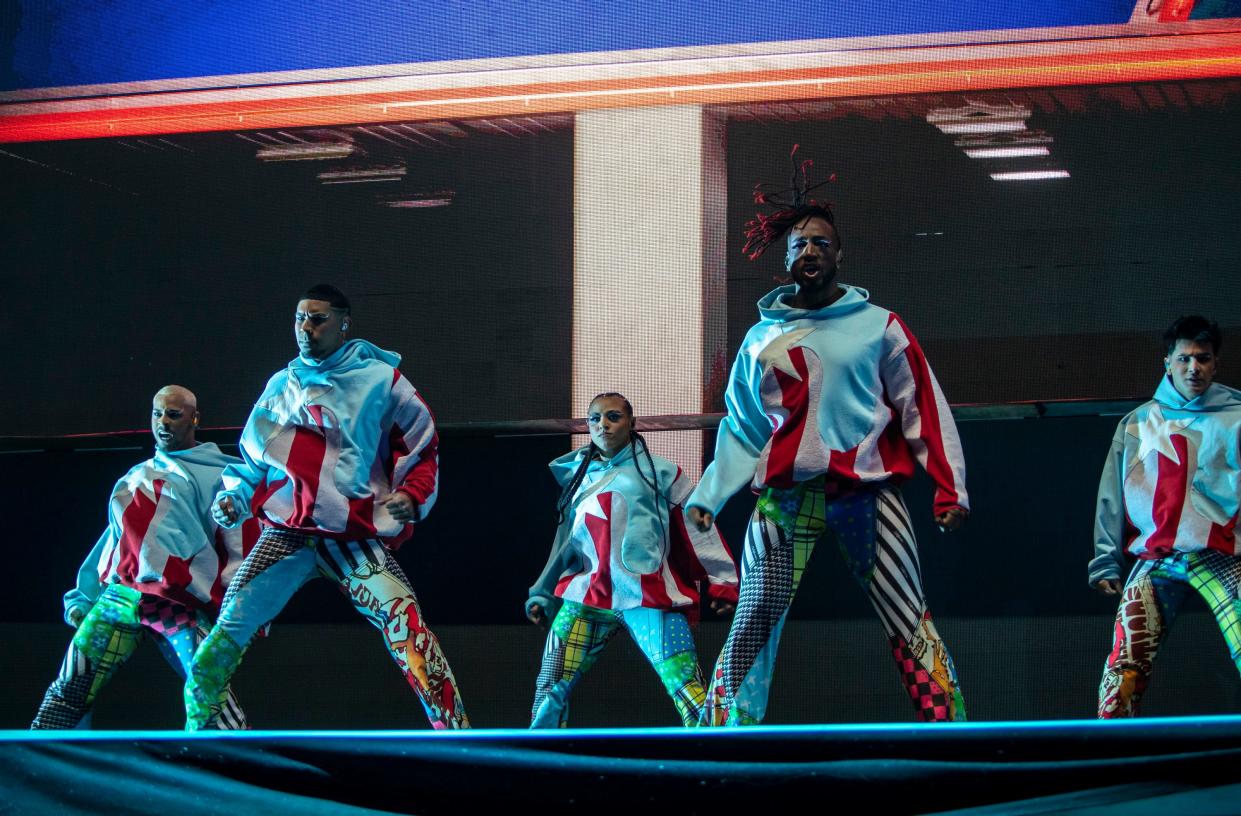 Dancers for Bad Bunny perform to start his headlining set on the Coachella Stage during the Coachella Valley Music and Arts Festival at the Empire Polo Club in Indio, Calif., Friday, April 14, 2023. 