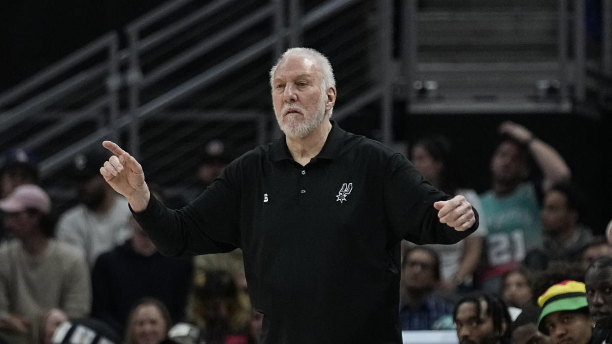 San Antonio Spurs head coach Gregg Popovich during the first half of an NBA basketball game against the Portland Trail Blazers in Austin, Texas, Thursday, April 6, 2023. (AP Photo/Eric Gay)