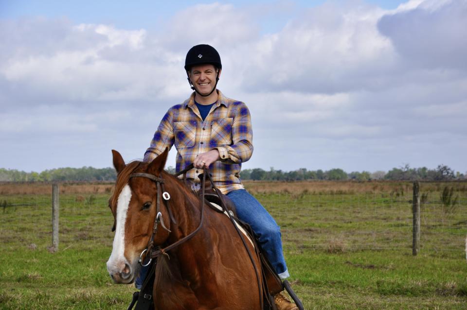 Pictured: Matt on horseback about to corral cattle (Channel 4)