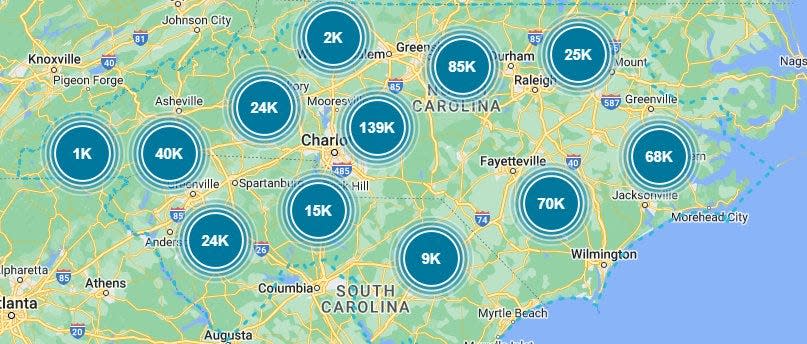 Duke Energy's online outage map during Christmas Eve, rolling blackouts, captured by Jeff Brooks and posted on Twitter Dec. 24, 2022, at 8:24 a.m. According to spokesperson Keith Richardson, Duke Energy does not publish historical data on the number of outages in specific counties, only service regions.