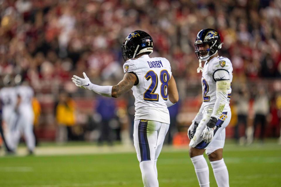 Dec 25, 2023; Santa Clara, California, USA; Baltimore Ravens cornerback Ronald Darby (28) reacts after being called for a foul during the first quarter against the San Francisco 49ers at Levi's Stadium. Mandatory Credit: Neville E. Guard-USA TODAY Sports