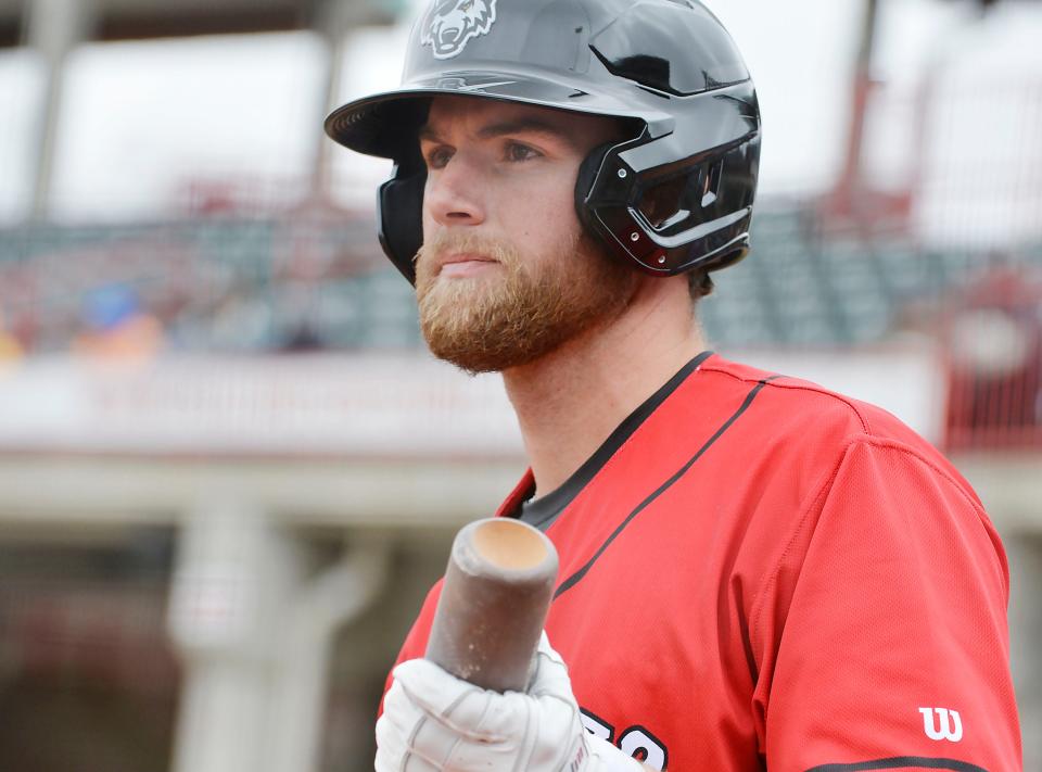 Erie SeaWolves batter Gage Workman waits to bat against the Akron RubberDucks at UPMC Park in Erie on April 9, 2022. Workman hit a solo home run in the fourth inning.