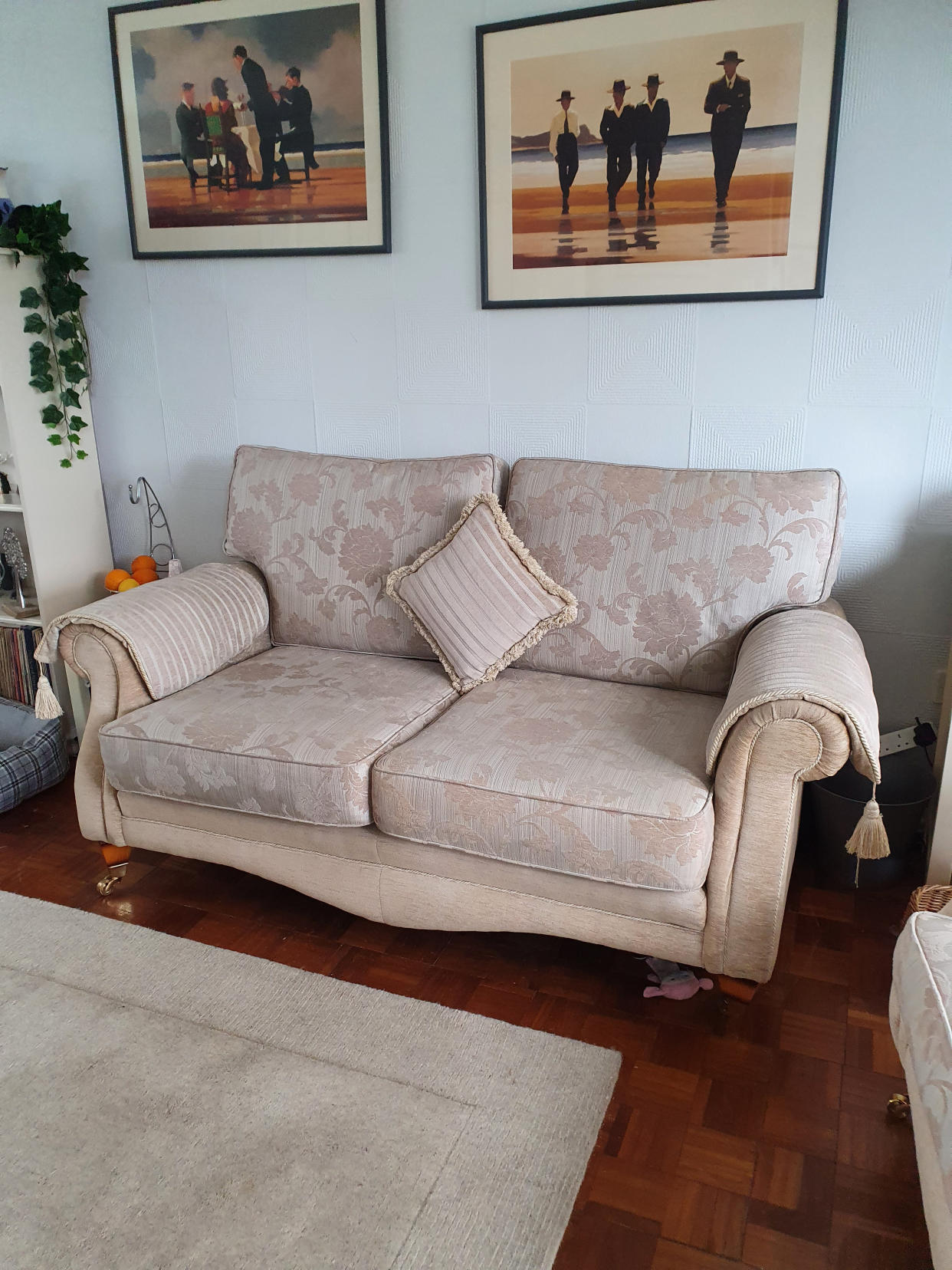 The sofa where Shirley McNally found a Machete hidden at her home in  Harlow, Essex. 