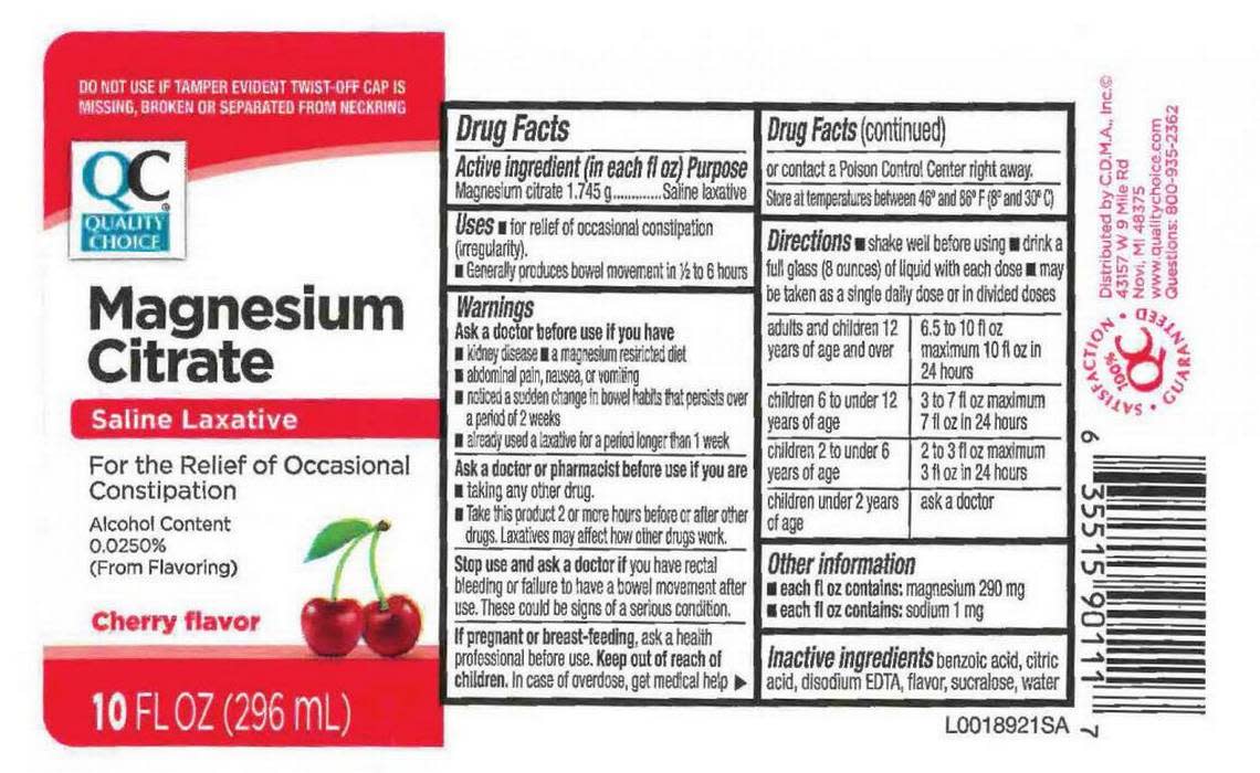 A deconstructed box of Quality Choice Magnesium Citrate laxative, cherry flavor.
