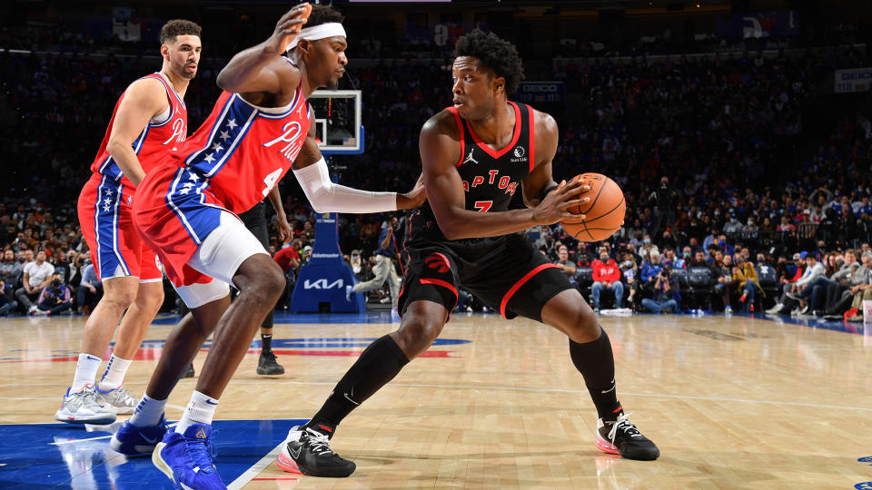 Toronto Raptors' OG Anunoby will present all sorts of matchup problems for the Philadelphia 76ers. (Photo by Jesse D. Garrabrant/NBAE via Getty Images)