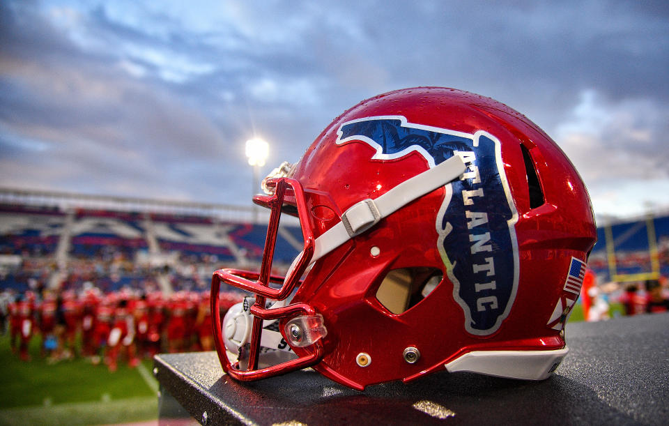 BOCA RATON, FLORIDA - OCTOBER 12:  A detailed view of the helmet of Florida Atlantic Owls during the game against Middle Tennessee Blue Raiders at FAU Stadium on October 12, 2019 in Boca Raton, Florida. (Photo by Mark Brown/Getty Images)