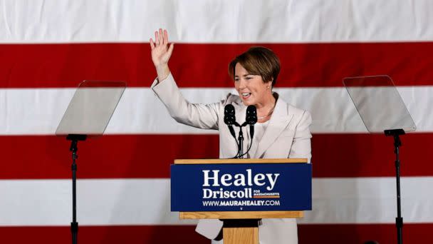 PHOTO: Democratic Attorney General Maura Healey, candidate for Massachusetts governor, speaks during a Democratic election night party, Nov. 8, 2022, in Boston.  (Michael Dwyer/AP)