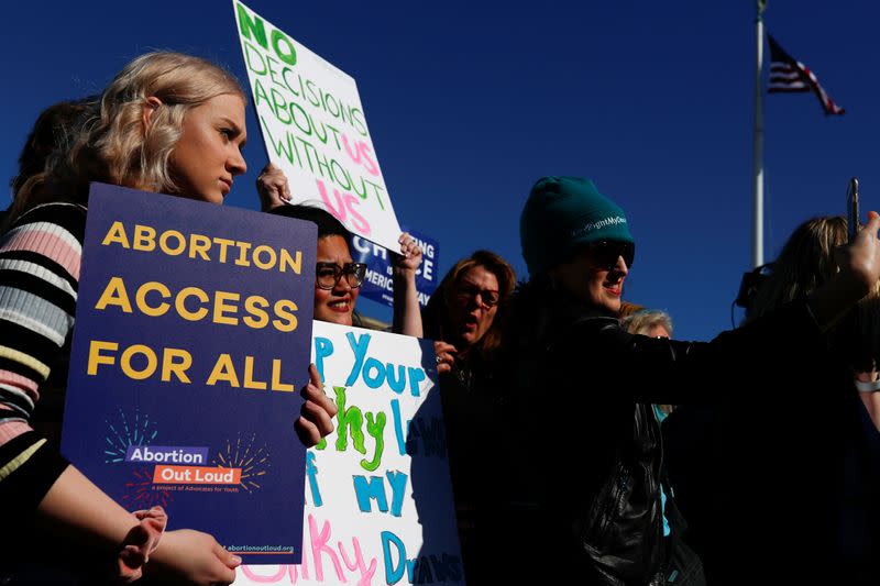 U.S. Supreme Court justices hear a major abortion case on the legality of a Republican-backed Louisiana law that imposes restrictions on abortion doctors, on Capitol Hill in Washington