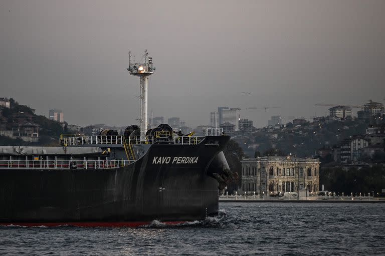 Kavo Perdika, a cargo vessel carrying Ukrainian grain, sails on Bosphorus to Marmara sea, in Istanbul, on November 2, 2022. - President Recep Tayyip Erdogan said the traffic of vessels carrying Ukrainian grain and other agricultural products resumed on November 2, 2022 after a phone call between the Turkish and Russian defence ministers.Russian Defence Minister Sergei Shoigu called Turkish counterpart Hulusi Akar to inform that &quot;the grain shipments will continue from 12.00 today as planned before,&quot; Erdogan said in parliament. (Photo by Ozan KOSE / AFP)