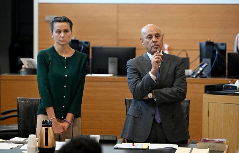 Ashley Benefield and attorney Neil Taylor stand before potential jurors in the voir dire portion of her trial for the second-degree murder of her estranged husband in 2020 at the Manatee County Judicial Center, July 22, 2024.