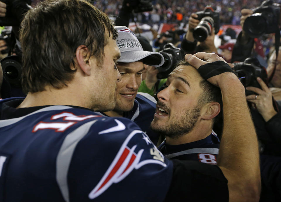 Tom Brady counts Danny Amendola, right, and Chris Hogan, center, as two of his favorite targets. Both were undrafted coming out of college. (AP)