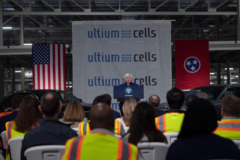 Ultium Cells employees listen as Secretary of Treasury Janet L. Yellen speaks during her visit at Ultium Cells battery plant  in Spring Hill, Tenn., Wednesday, Feb. 8, 2023. Secretary Yellen addressed the Inflation Reduction Act along with other Biden-Harris administration policies pushing towards investments in clean energy manufacturing and battery production. 