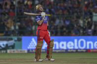 Royal Challengers Bengaluru's Glenn Maxwell reacts after being dismissed by Gujarat Titans' Joshua Little during the Indian Premier League cricket match between Royal Challengers Bengaluru and Gujarat Titans in Bengaluru, India, Saturday, May 4, 2024. (AP Photo)