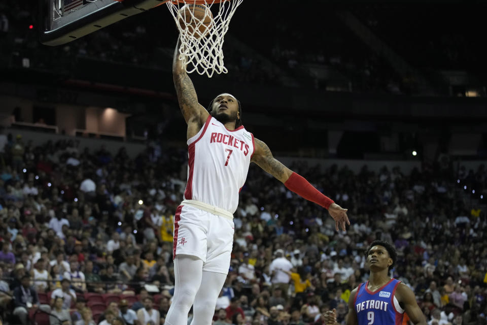 Houston Rockets' Cam Whitmore dunks against the Detroit Pistons during the first half of an NBA summer league basketball game Sunday, July 9, 2023, in Las Vegas. (AP Photo/John Locher)