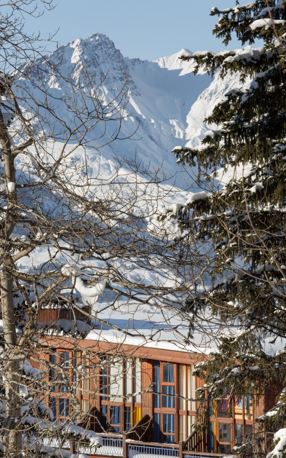 wooden chalet amid trees and snow-capped mountains - Christophe Stramba-Badiali